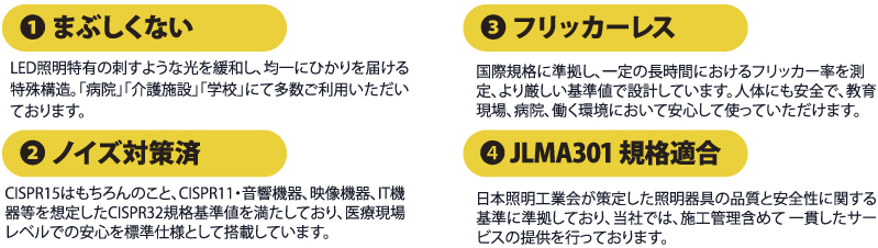 眩しくない。フリッカーレス。ノイズ対策済。JLMA301規格適合。