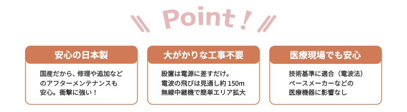 3つのポイント/安心の日本製、大がかりな工事不要/医療現場でも安心